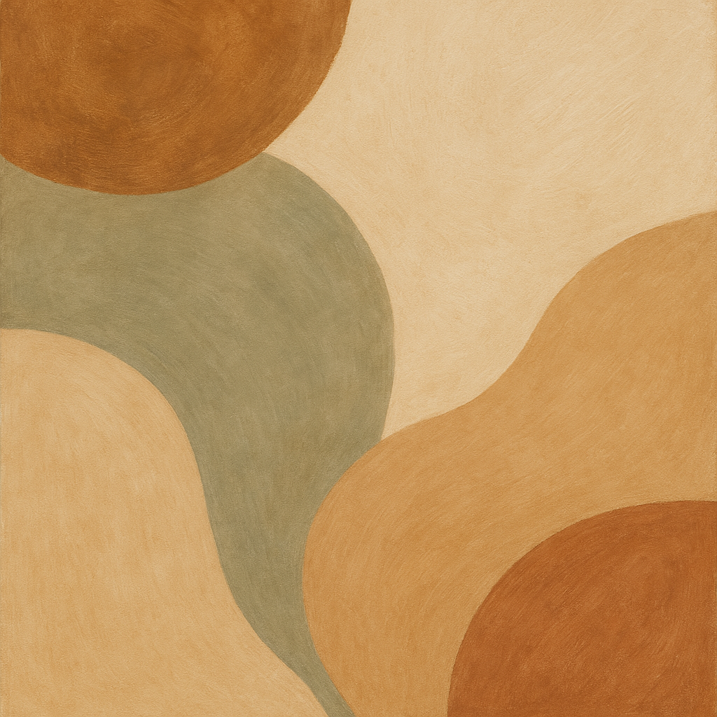 Minimalist wall art featuring abstract organic shapes in earth tones, including warm browns, soft beiges, muted greens, and terracotta. The design evokes a calm, grounded atmosphere with natural textures and subtle gradients.